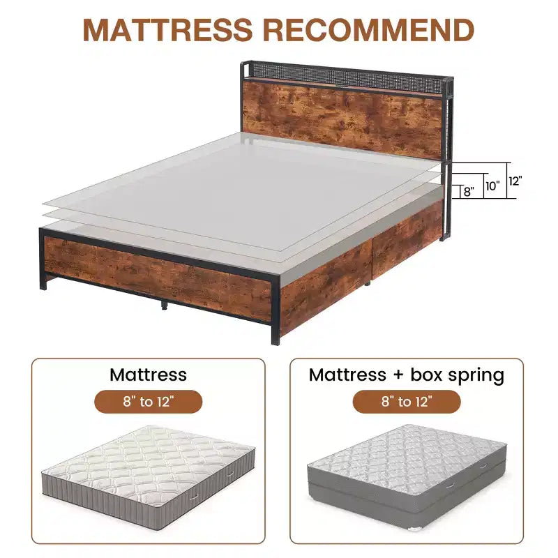 Platform Bed Frame with Headboard, USB Charging Station, LED Lighting and 4 Storage Drawers, No Box Spring Required, Heavy-Duty Support