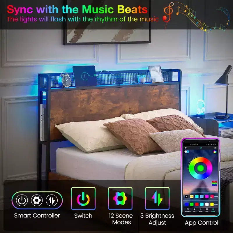 Platform Bed Frame with Headboard, USB Charging Station, LED Lighting and 4 Storage Drawers, No Box Spring Required, Heavy-Duty Support