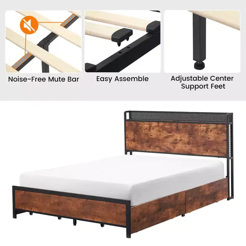 Platform Bed Frame with Headboard, USB Charging Station, LED Lighting and 4 Storage Drawers, No Box Spring Required, Heavy-Duty Support