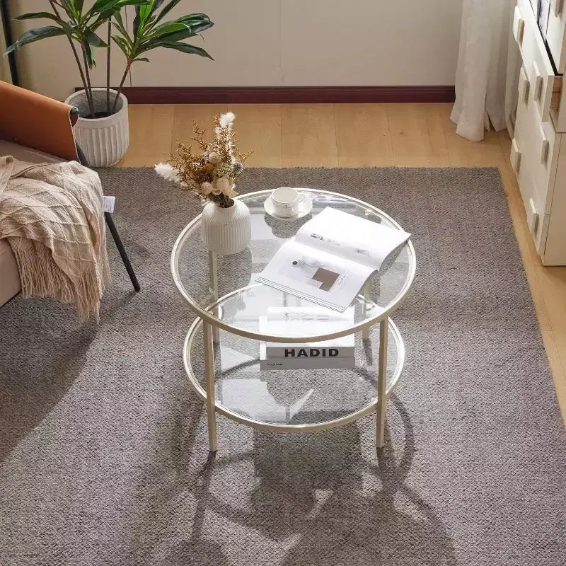 VINGLI 25.6 Round Glass Coffee Table, 2-Tier Coffee Table with Storage, Modern Center Table with a Beige Frame, for Living Room