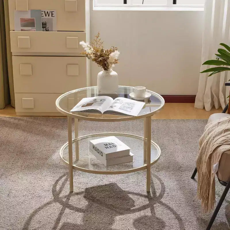 VINGLI 25.6 Round Glass Coffee Table, 2-Tier Coffee Table with Storage, Modern Center Table with a Beige Frame, for Living Room