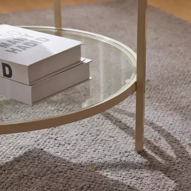 VINGLI 25.6 Round Glass Coffee Table, 2-Tier Coffee Table with Storage, Modern Center Table with a Beige Frame, for Living Room