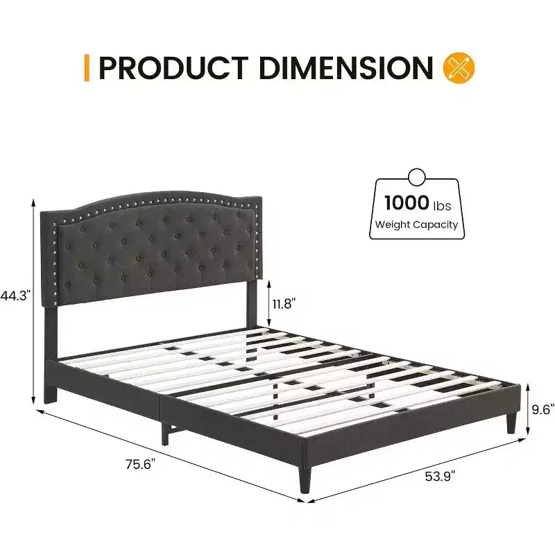 Upholstered Platform Bed Frame with Adjustable Headboard, Wingback Button Tufted Bed, No Box Spring Needed, Grey