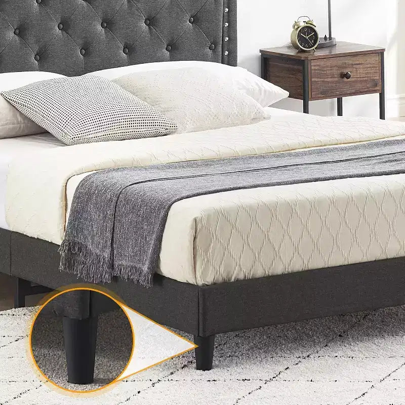 Upholstered Platform Bed Frame with Adjustable Headboard, Wingback Button Tufted Bed, No Box Spring Needed, Grey