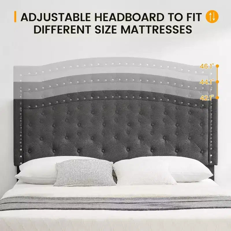 Upholstered Platform Bed Frame with Adjustable Headboard, Wingback Button Tufted Bed, No Box Spring Needed, Grey