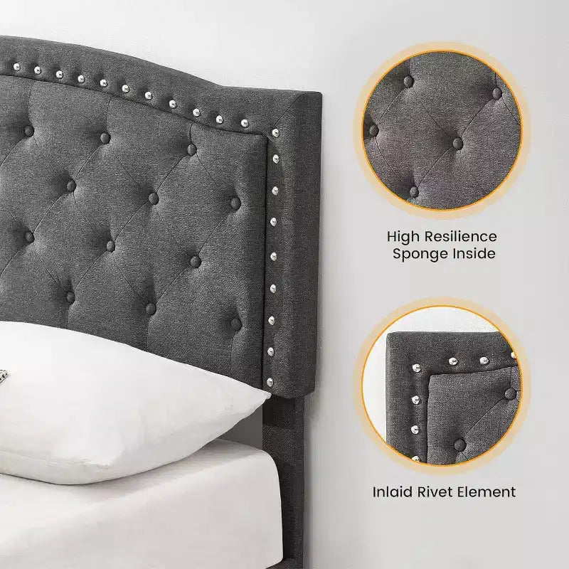 Upholstered Platform Bed Frame with Adjustable Headboard, Wingback Button Tufted Bed, No Box Spring Needed, Grey