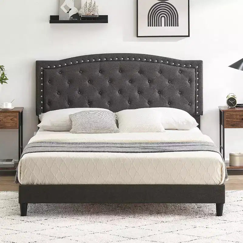 Upholstered Platform Bed Frame with Adjustable Headboard, Wingback Button Tufted Bed, No Box Spring Needed, Grey