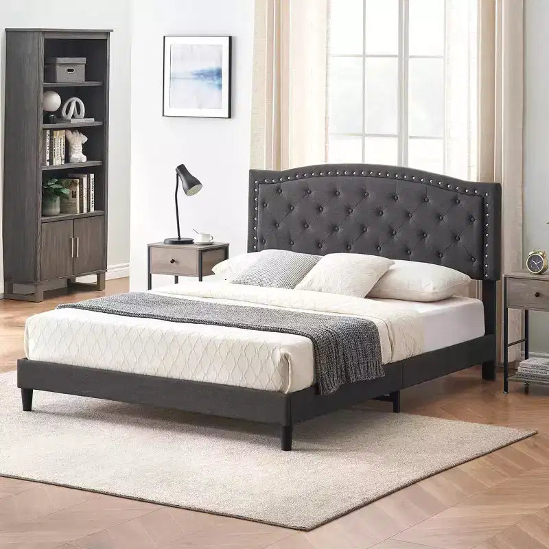 Upholstered Platform Bed Frame with Adjustable Headboard, Wingback Button Tufted Bed, No Box Spring Needed, Grey