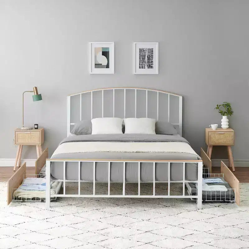 Bed Frame with Storage Drawers, White Metal Platform Bed with Headboard, 4 Large Drawers & Stable Support, No Box Spring Needed