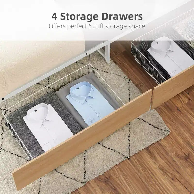 Bed Frame with Storage Drawers, White Metal Platform Bed with Headboard, 4 Large Drawers & Stable Support, No Box Spring Needed