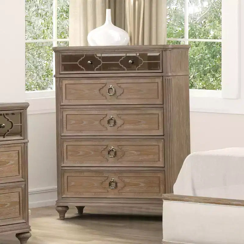 Simple Contemporary 1pc Chest of Drawers Rustic Oak Veneer Solid wood English Back Dovetail Drawers Bedroom Furniture Mirror Panel