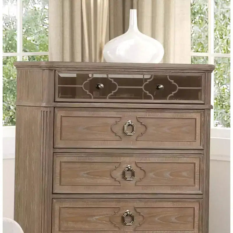Simple Contemporary 1pc Chest of Drawers Rustic Oak Veneer Solid wood English Back Dovetail Drawers Bedroom Furniture Mirror Panel