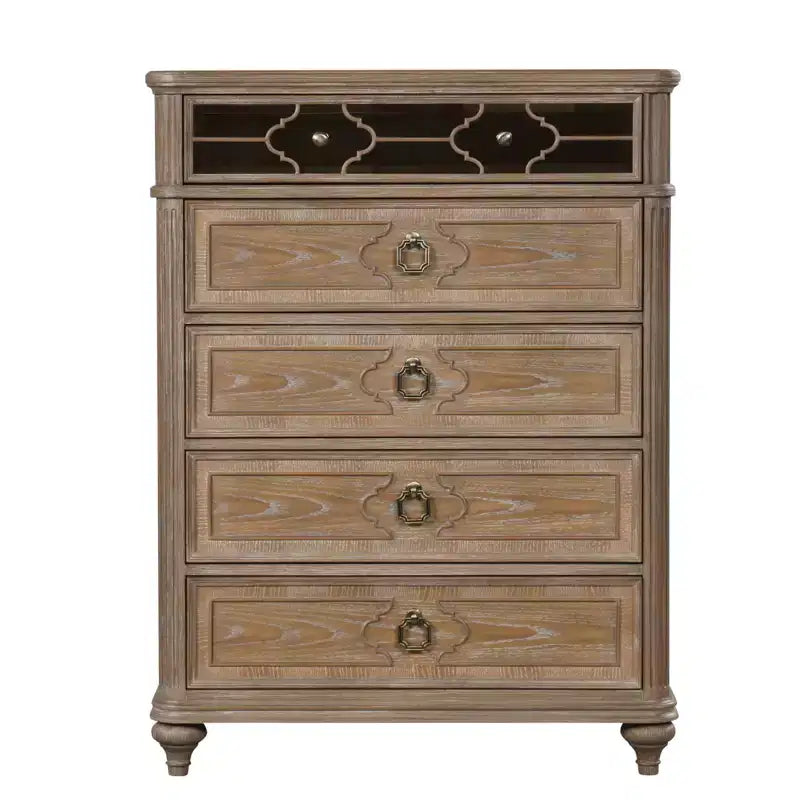Simple Contemporary 1pc Chest of Drawers Rustic Oak Veneer Solid wood English Back Dovetail Drawers Bedroom Furniture Mirror Panel