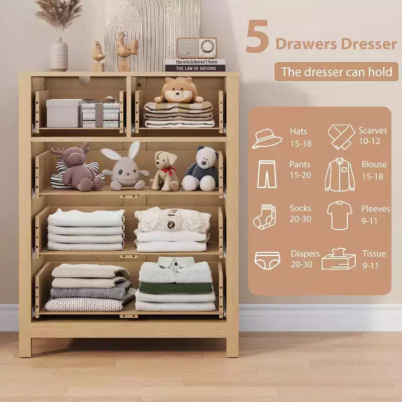 Acekool 5 Drawer Dresser, Modern Tall Chest with Storage Drawers, Organizer Cabinet for Bedroom, Living Room