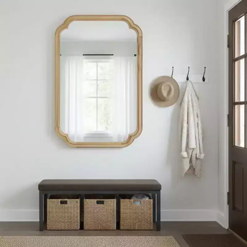 24 x 36 inch Natural Wood Color Solid Wood Frame Rounded Corner Wall Decorative Mirror for Bedroom Entryway and Living Room