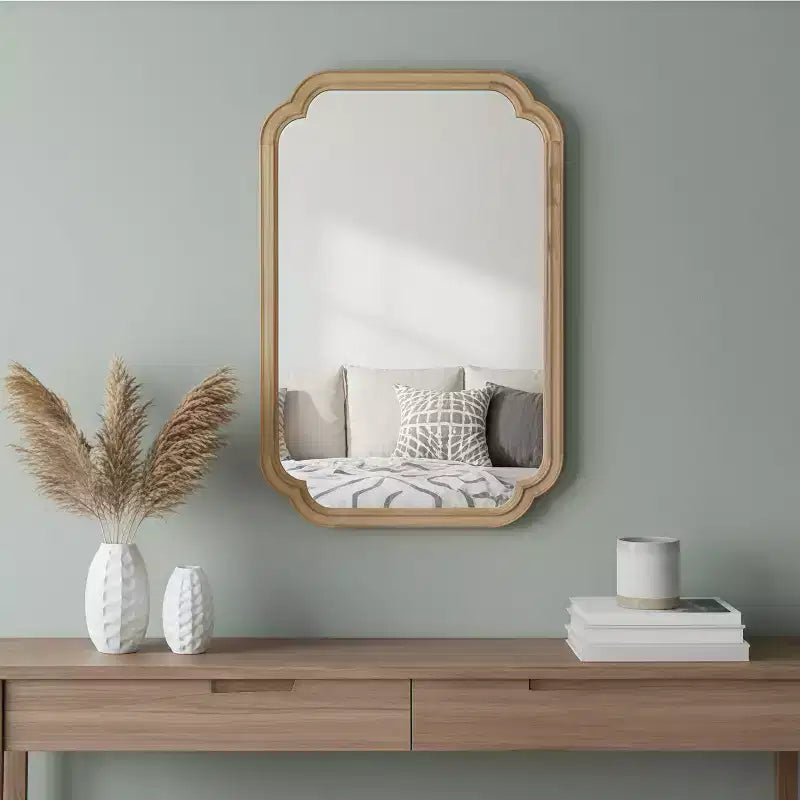 24 x 36 inch Natural Wood Color Solid Wood Frame Rounded Corner Wall Decorative Mirror for Bedroom Entryway and Living Room