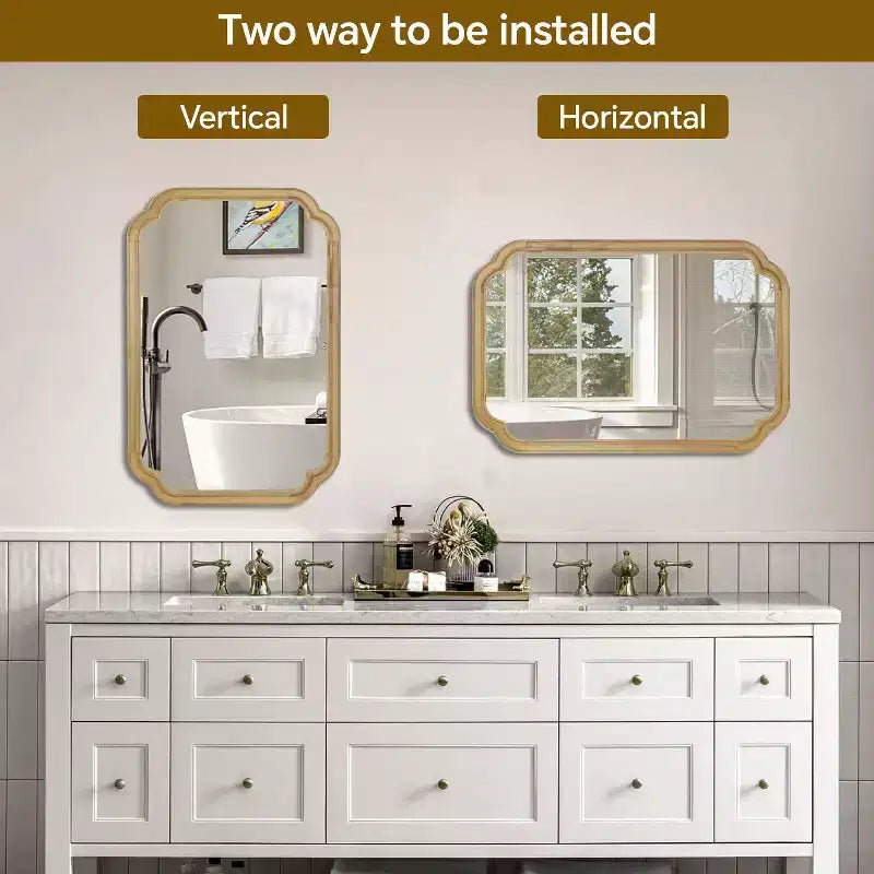 24 x 36 inch Natural Wood Color Solid Wood Frame Rounded Corner Wall Decorative Mirror for Bedroom Entryway and Living Room