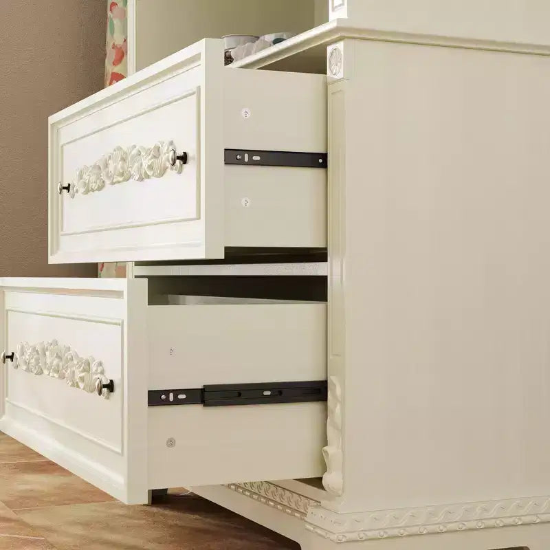 Famapy Cream White Vintage Kitchen Pantry Sideboard,Display Cabinet,2-Drawer Storage + Open Shelves,Floral Carvings,Living/Dining Room Organizer