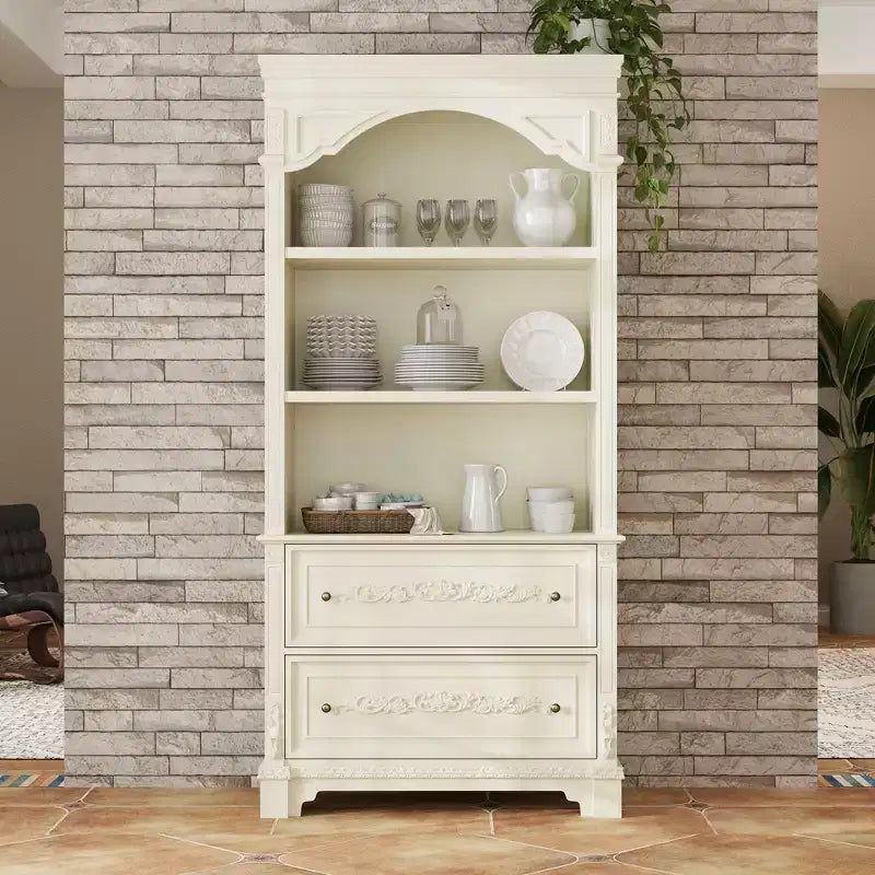 Famapy Cream White Vintage Kitchen Pantry Sideboard,Display Cabinet,2-Drawer Storage + Open Shelves,Floral Carvings,Living/Dining Room Organizer