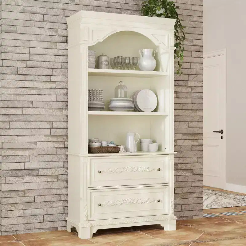Famapy Cream White Vintage Kitchen Pantry Sideboard,Display Cabinet,2-Drawer Storage + Open Shelves,Floral Carvings,Living/Dining Room Organizer