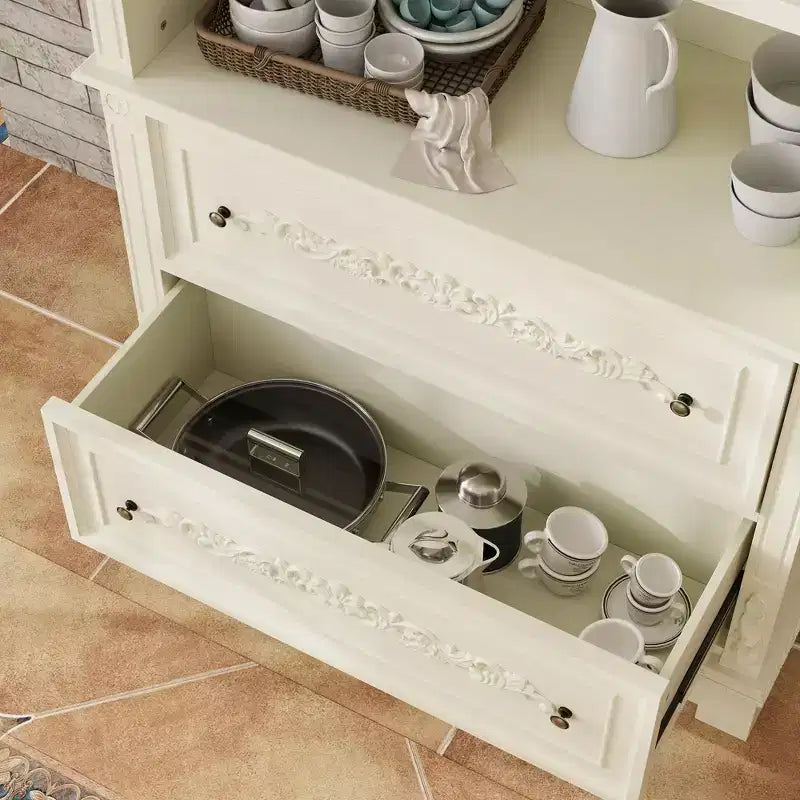Famapy Cream White Vintage Kitchen Pantry Sideboard,Display Cabinet,2-Drawer Storage + Open Shelves,Floral Carvings,Living/Dining Room Organizer