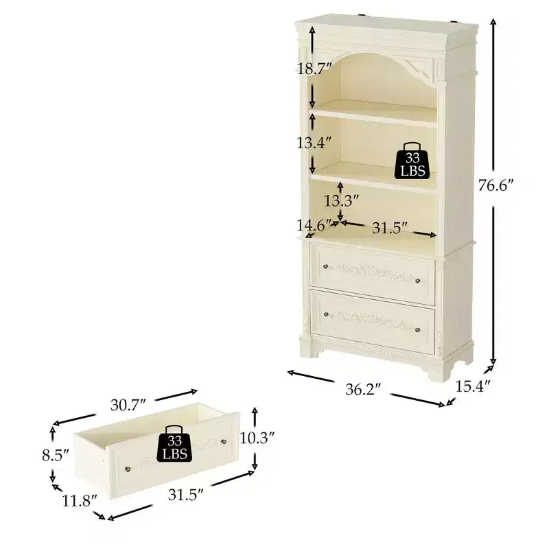 Famapy Cream White Vintage Kitchen Pantry Sideboard,Display Cabinet,2-Drawer Storage + Open Shelves,Floral Carvings,Living/Dining Room Organizer