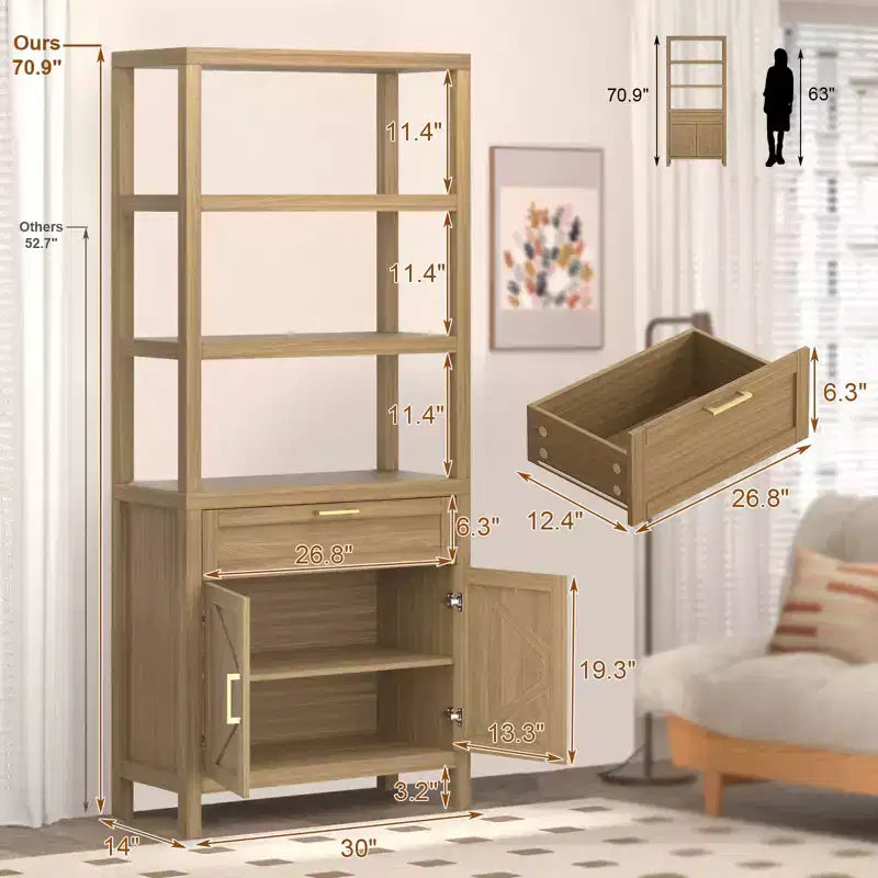 High-Rise Farmhouse Style Bookshelf with Double Doors and Drawers Modern Wooden Display and Storage Cabinet Ideal for Living Rooms and Bedrooms