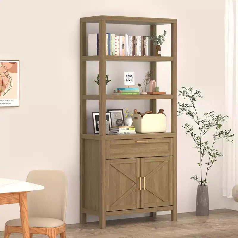 High-Rise Farmhouse Style Bookshelf with Double Doors and Drawers Modern Wooden Display and Storage Cabinet Ideal for Living Rooms and Bedrooms