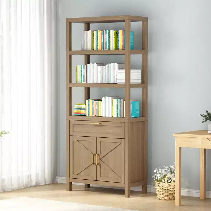 High-Rise Farmhouse Style Bookshelf with Double Doors and Drawers Modern Wooden Display and Storage Cabinet Ideal for Living Rooms and Bedrooms