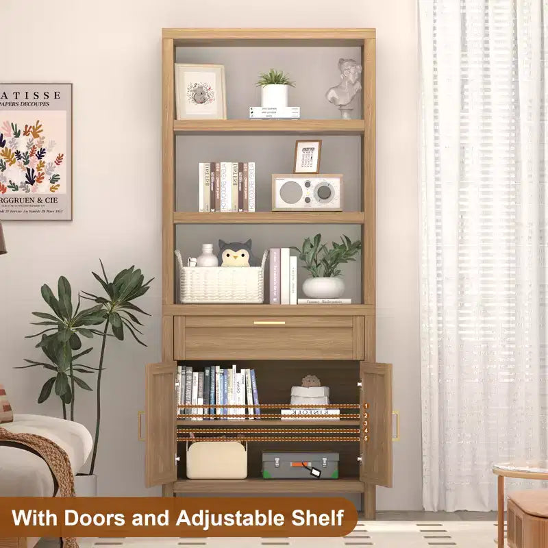 High-Rise Farmhouse Style Bookshelf with Double Doors and Drawers Modern Wooden Display and Storage Cabinet Ideal for Living Rooms and Bedrooms