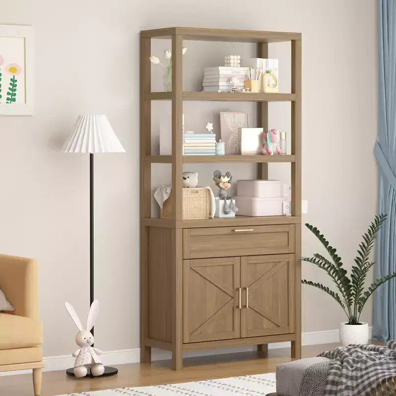 High-Rise Farmhouse Style Bookshelf with Double Doors and Drawers Modern Wooden Display and Storage Cabinet Ideal for Living Rooms and Bedrooms