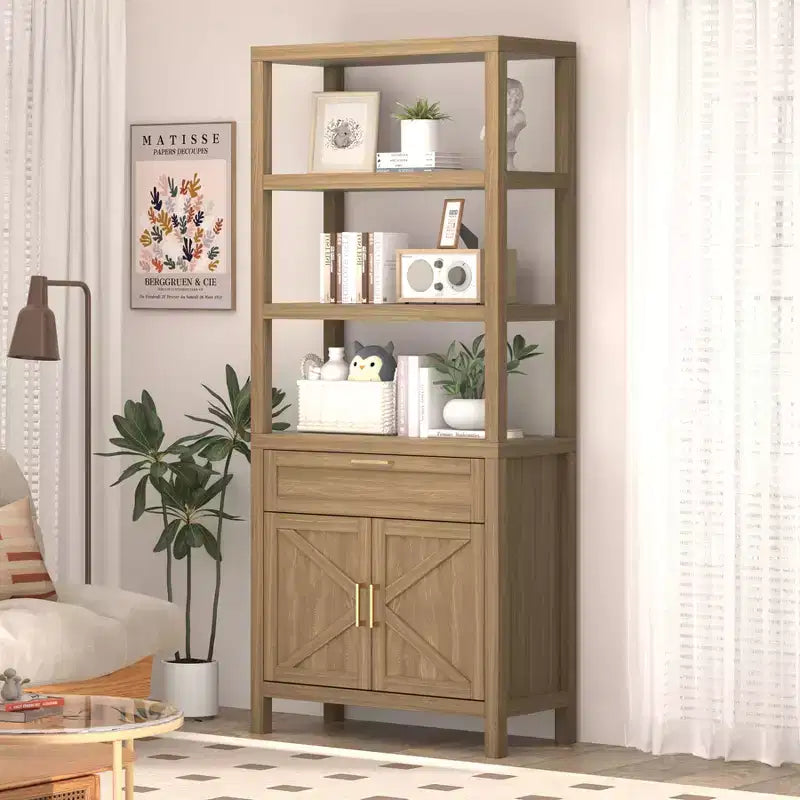 High-Rise Farmhouse Style Bookshelf with Double Doors and Drawers Modern Wooden Display and Storage Cabinet Ideal for Living Rooms and Bedrooms