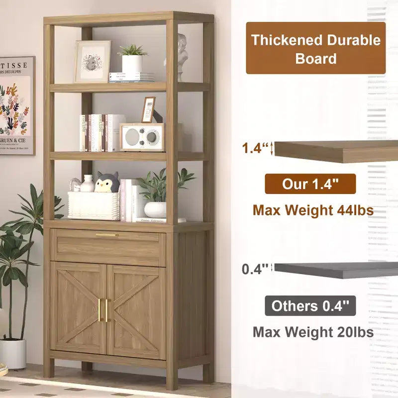 High-Rise Farmhouse Style Bookshelf with Double Doors and Drawers Modern Wooden Display and Storage Cabinet Ideal for Living Rooms and Bedrooms