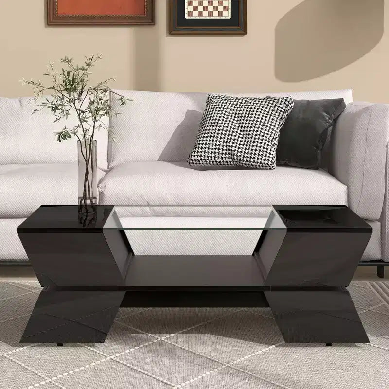 Coffee Table with Open Shelves and Cabinets, Glass-Top Coffee Table, Geometric Style Cocktail Table for Living Room