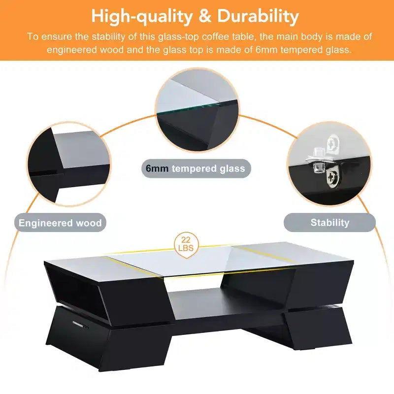 Coffee Table with Open Shelves and Cabinets, Glass-Top Coffee Table, Geometric Style Cocktail Table for Living Room