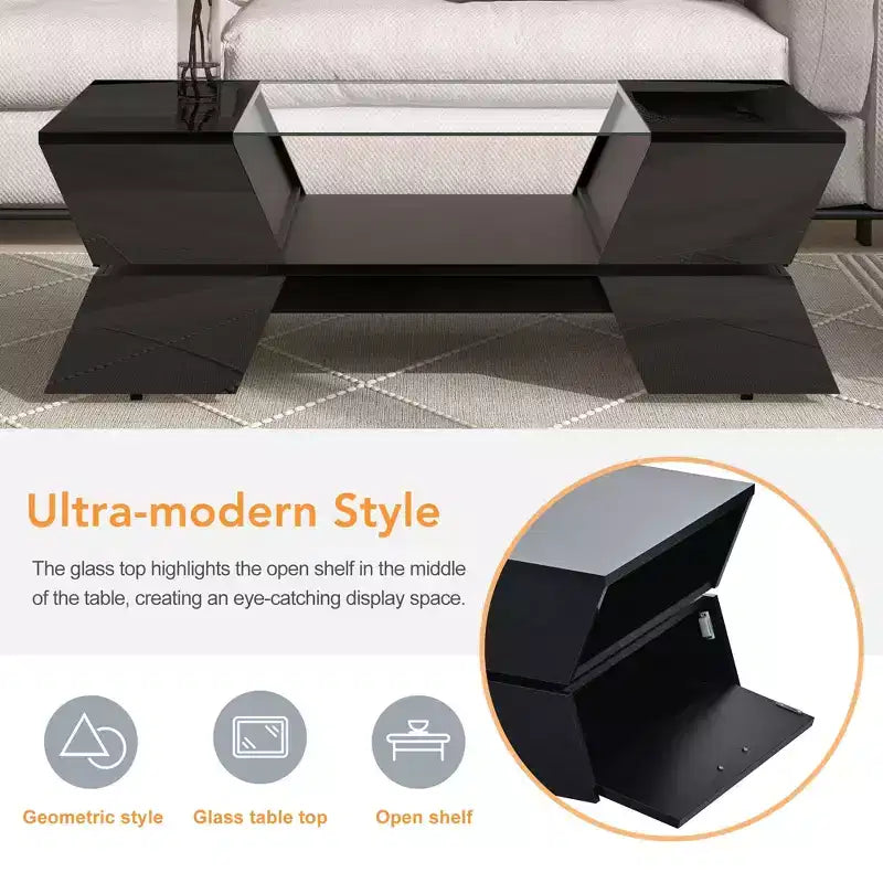 Coffee Table with Open Shelves and Cabinets, Glass-Top Coffee Table, Geometric Style Cocktail Table for Living Room