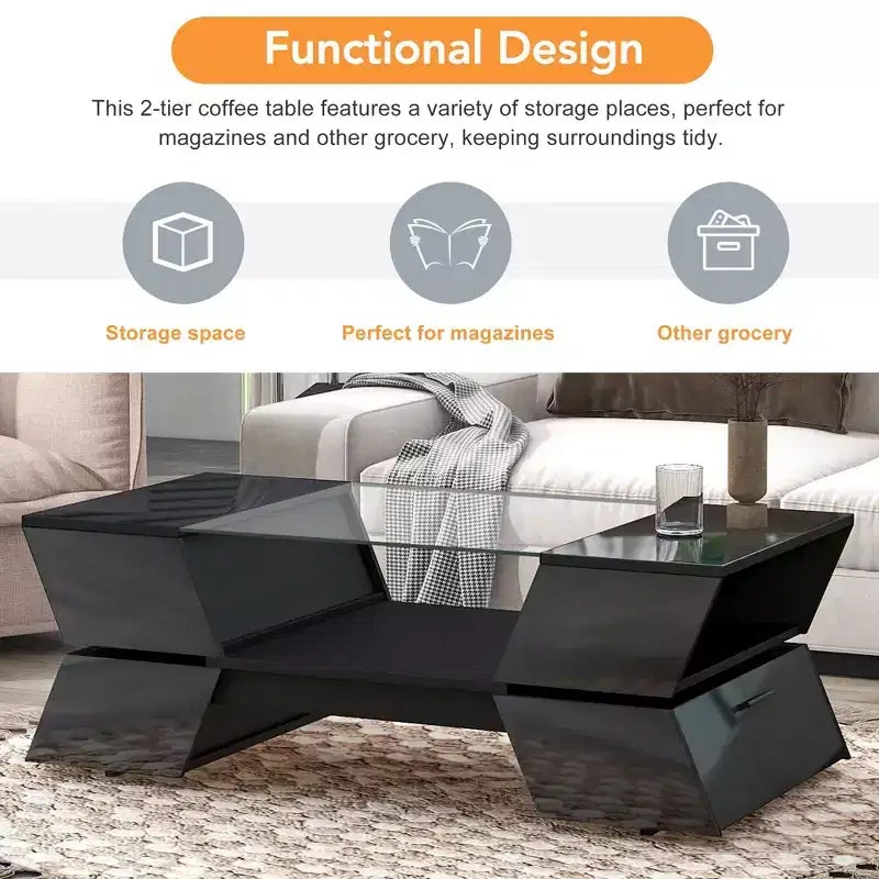 Coffee Table with Open Shelves and Cabinets, Glass-Top Coffee Table, Geometric Style Cocktail Table for Living Room