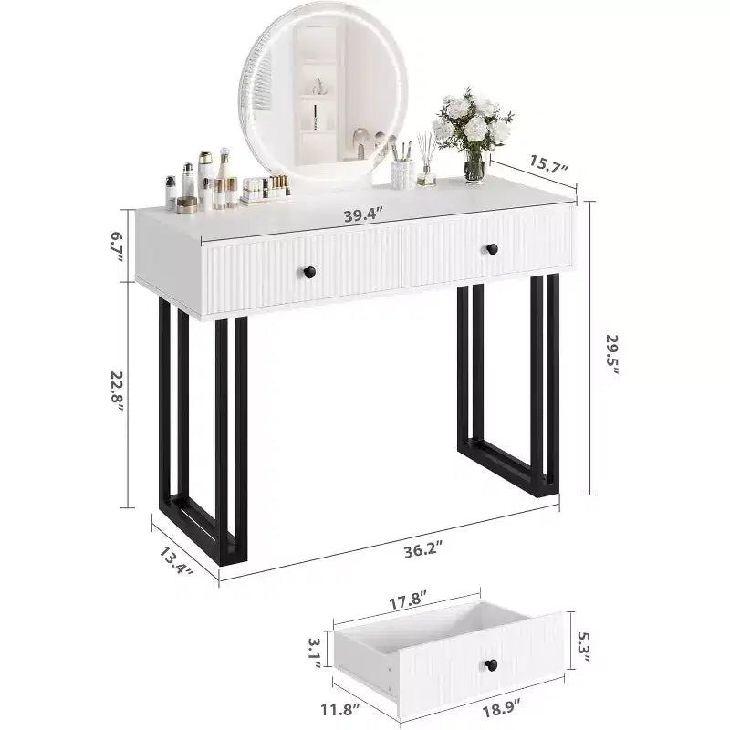 Vanity Makeup Desk with Lighted and Mirror, Adjustable Brightness,Modern Vanity Desk Table with 2 Drawers for Bedroom, Dressing Room