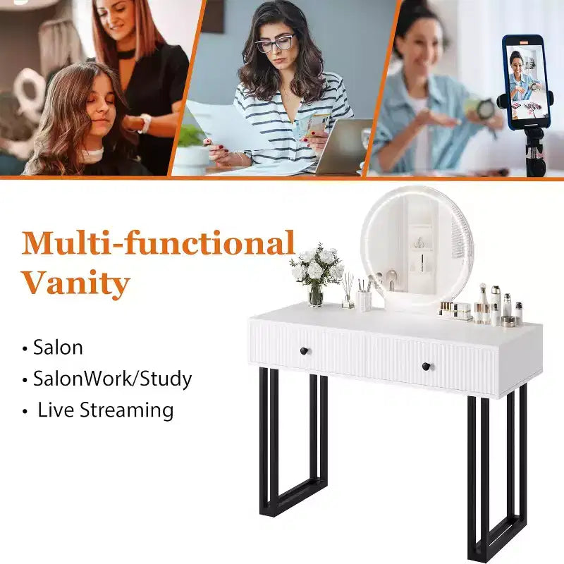 Vanity Makeup Desk with Lighted and Mirror, Adjustable Brightness,Modern Vanity Desk Table with 2 Drawers for Bedroom, Dressing Room