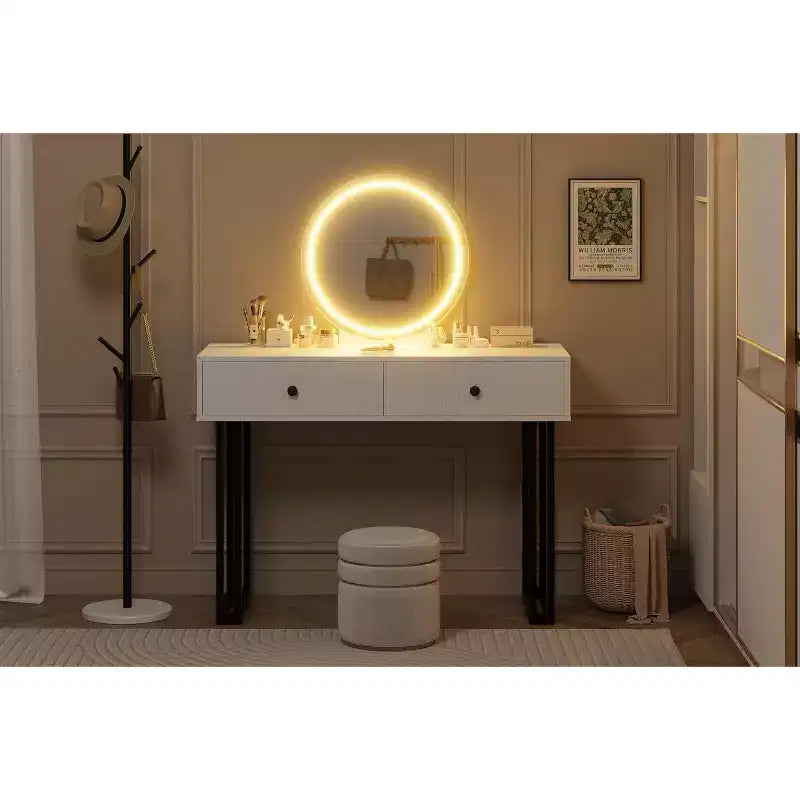 Vanity Makeup Desk with Lighted and Mirror, Adjustable Brightness,Modern Vanity Desk Table with 2 Drawers for Bedroom, Dressing Room