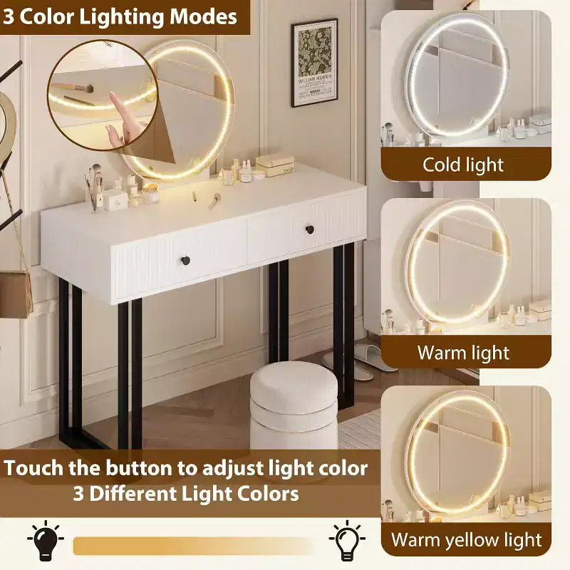 Vanity Makeup Desk with Lighted and Mirror, Adjustable Brightness,Modern Vanity Desk Table with 2 Drawers for Bedroom, Dressing Room