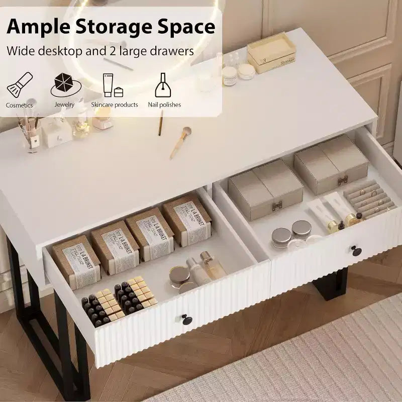 Vanity Makeup Desk with Lighted and Mirror, Adjustable Brightness,Modern Vanity Desk Table with 2 Drawers for Bedroom, Dressing Room