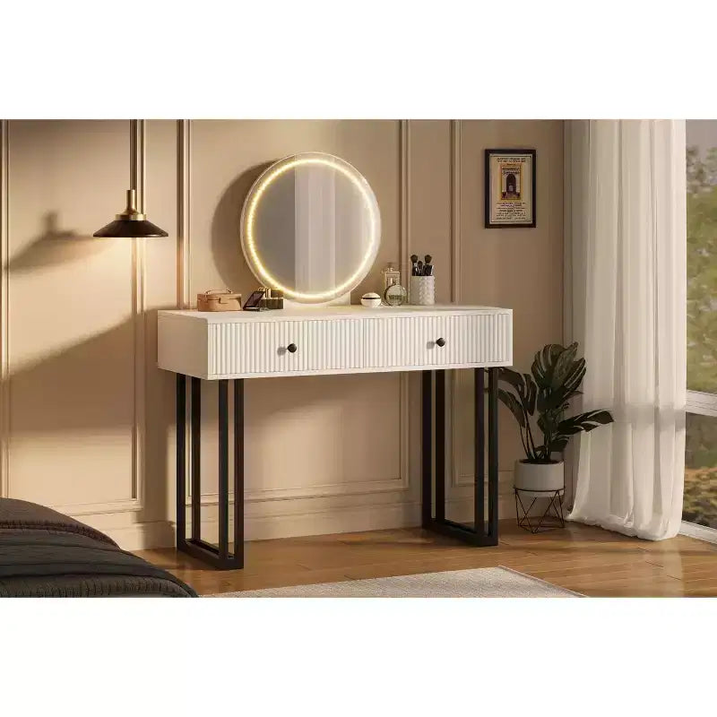 Vanity Makeup Desk with Lighted and Mirror, Adjustable Brightness,Modern Vanity Desk Table with 2 Drawers for Bedroom, Dressing Room