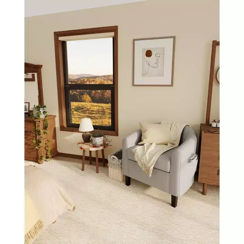 GustoWave Faux Leather Accent Barrel Chair with Soft Seat, U-Shaped Backrest Armchair for Living Room, Bedroom or Office