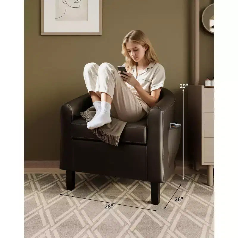 GustoWave Faux Leather Accent Barrel Chair with Soft Seat, U-Shaped Backrest Armchair for Living Room, Bedroom or Office