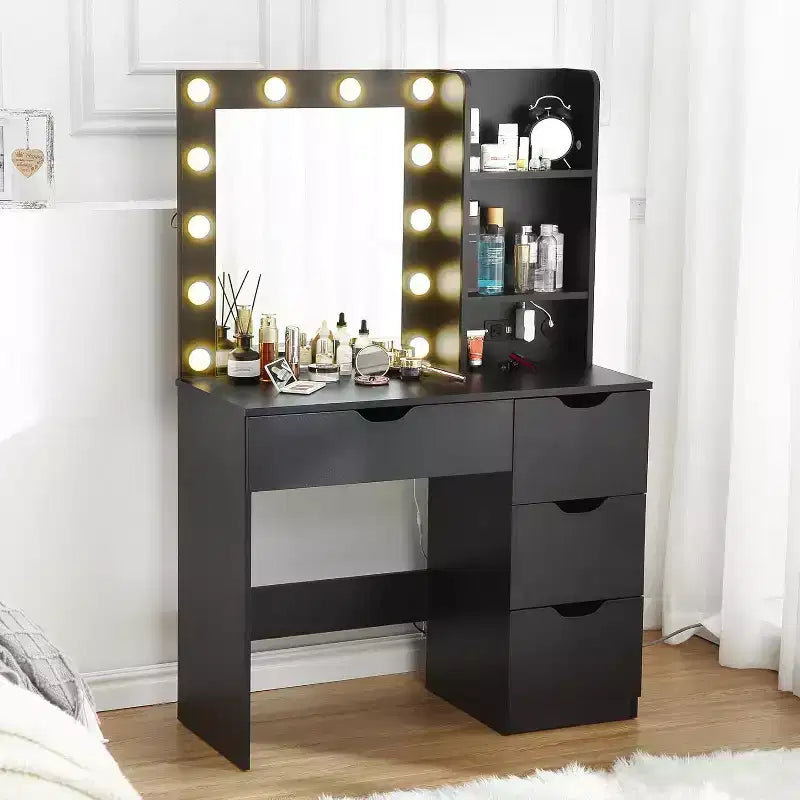 Vanity Desk with Mirror, Modern Makeup Vanity Table with 4 Drawers and 3 Storage Shelves Dressing Table for Bedroom, Dressing Room, Cloakroom