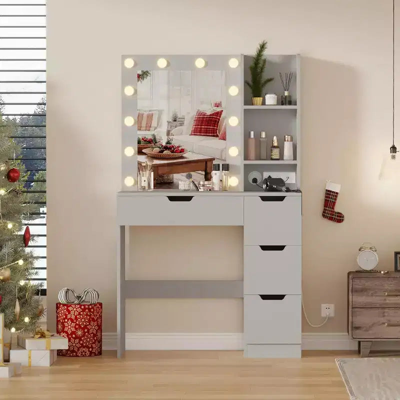 Vanity Desk with Mirror, Modern Makeup Vanity Table with 4 Drawers and 3 Storage Shelves Dressing Table for Bedroom, Dressing Room, Cloakroom