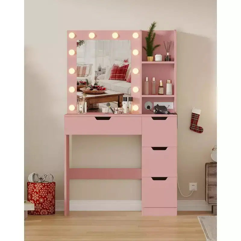 Vanity Desk with Mirror, Modern Makeup Vanity Table with 4 Drawers and 3 Storage Shelves Dressing Table for Bedroom, Dressing Room, Cloakroom