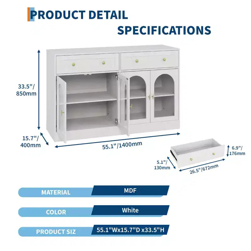 4 Acrylic Doors and 2 Drawers, Wide Sideboard Buffet CabinetWood Kitchen Storage Cabinet for Dining Room, Living Room