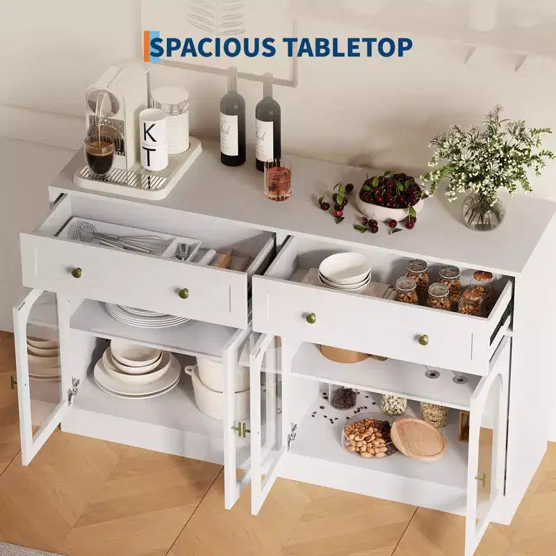 4 Acrylic Doors and 2 Drawers, Wide Sideboard Buffet CabinetWood Kitchen Storage Cabinet for Dining Room, Living Room